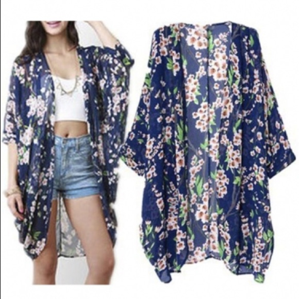 NWT sheer blue kimono with cherry blossoms